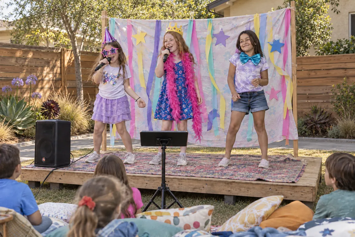 Backyard karaoke stage at a kids party in Los Angeles