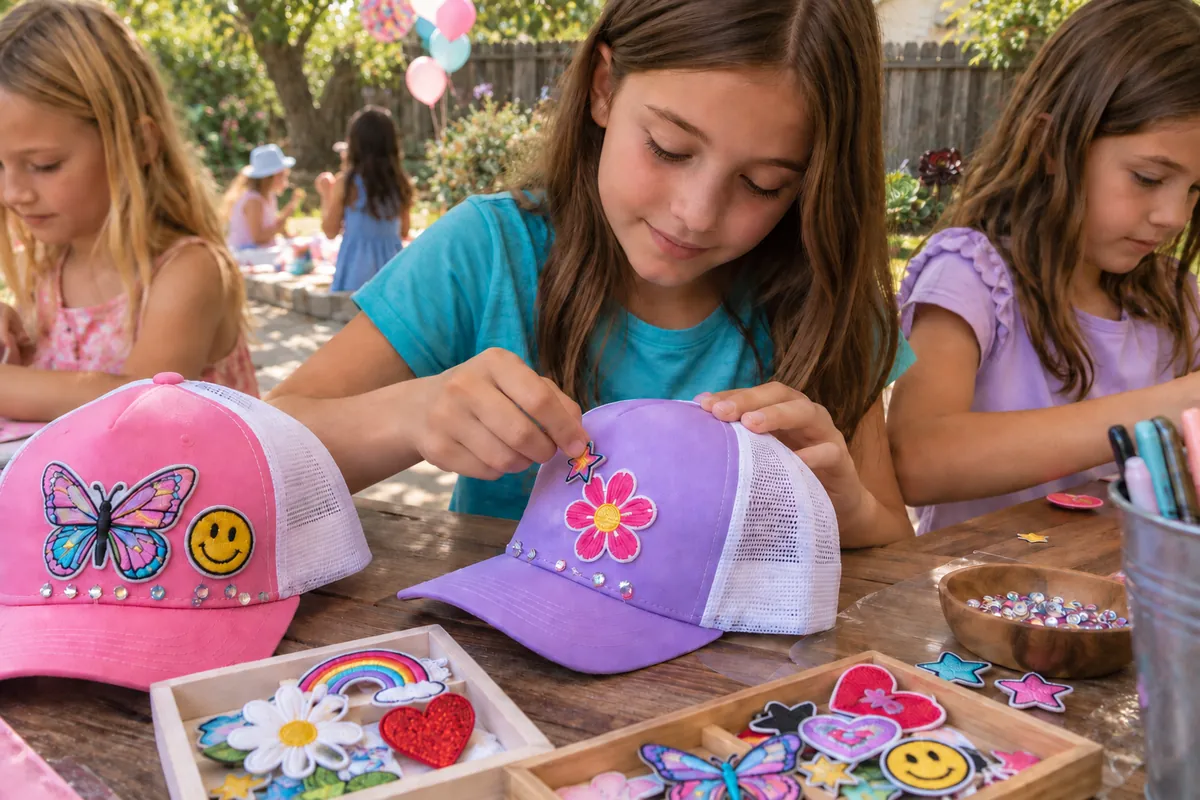 Custom trucker hat bar at a kids birthday in Los Angeles