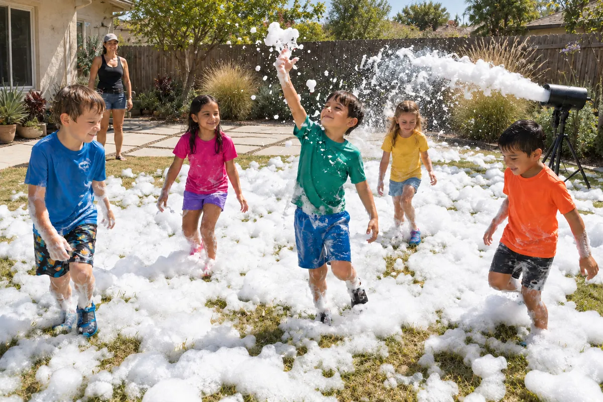 Foam party rental Los Angeles - kids in the foam cannon spray