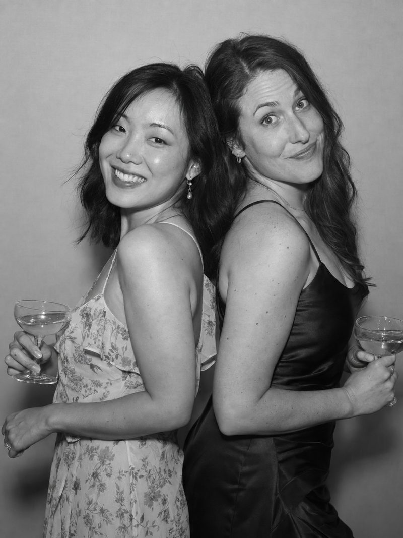 Glam black and white photobooth LA - wedding guests back to back